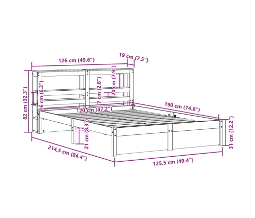 Estructura de cama con cabecero madera maciza pino 120x190 cm