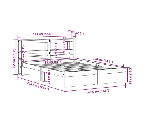 Estructura de cama con cabecero madera maciza pino 135x190 cm