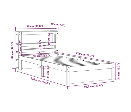 Estructura de cama con cabecero madera maciza de pino 90x200 cm