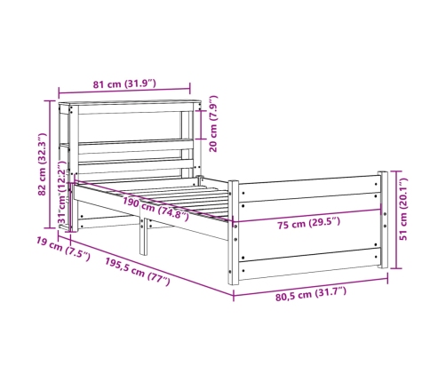 Estructura de cama con cabecero madera maciza pino 75x190 cm