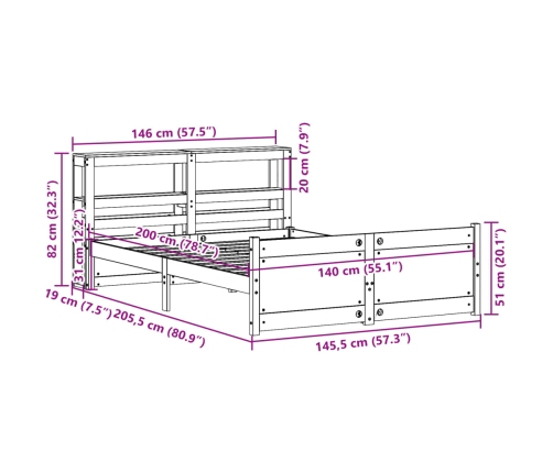 Estructura de cama con cabecero madera maciza pino 140x200 cm