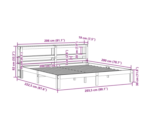 Estructura de cama con cabecero madera maciza de pino 200x200cm