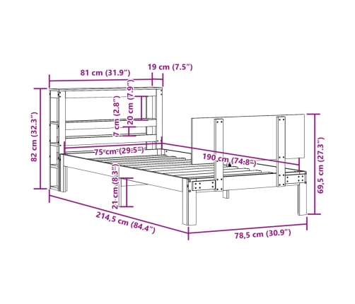 Estructura de cama con cabecero madera pino blanco 75x190 cm