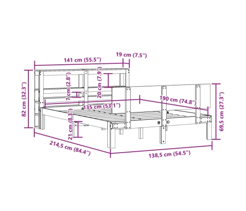 Estructura de cama con cabecero madera maciza pino 135x190 cm