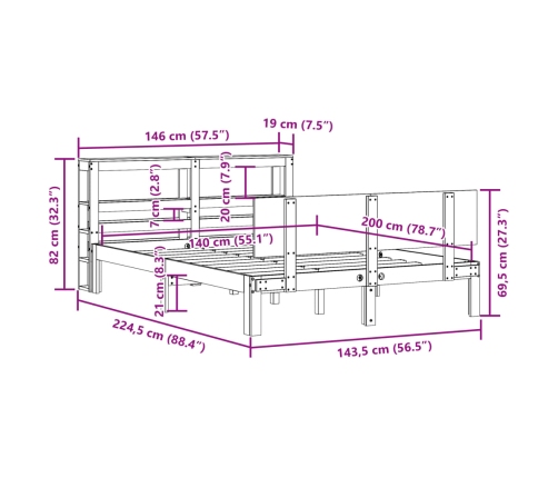 Estructura de cama con cabecero madera maciza pino 140x200 cm