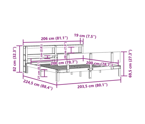 Estructura de cama con cabecero madera maciza de pino 200x200cm