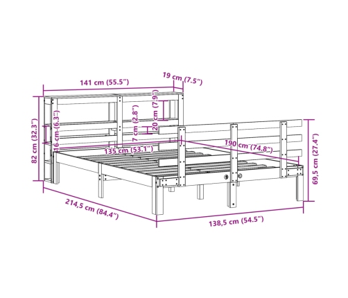 Estructura de cama con cabecero madera maciza pino 135x190 cm