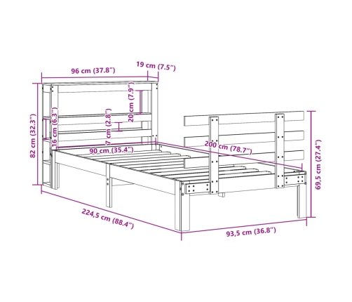 Estructura de cama con cabecero madera maciza de pino 90x200 cm