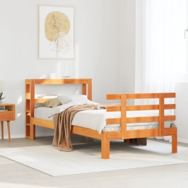 Estructura cama con cabecero madera pino marrón cera 75x190 cm