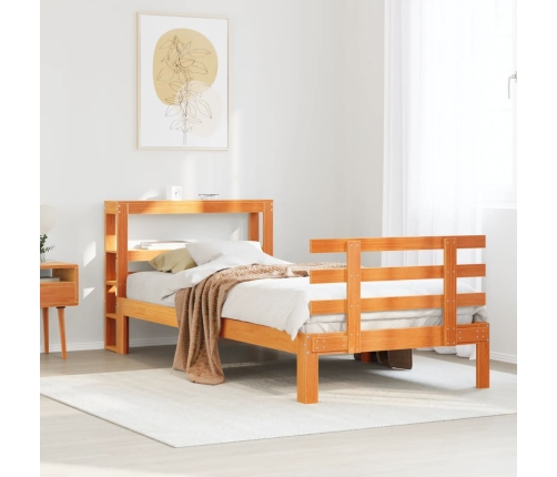 Estructura cama con cabecero madera pino marrón cera 75x190 cm