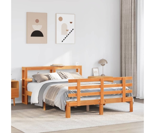 Estructura cama con cabecero madera pino marrón cera 140x190 cm