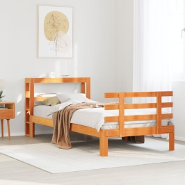 Estructura cama con cabecero madera pino marrón cera 90x200 cm