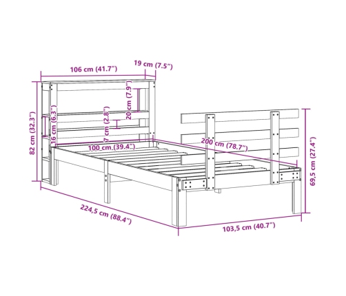 Estructura cama con cabecero madera pino marrón cera 100x200 cm