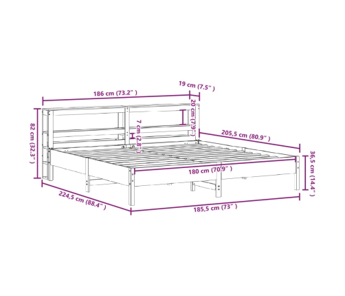 Estructura de cama sin colchón madera maciza de pino 180x200 cm