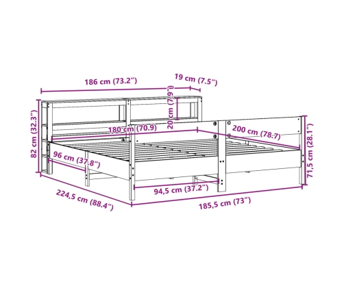 Cama sin colchón madera maciza de pino marrón cera 180x200 cm