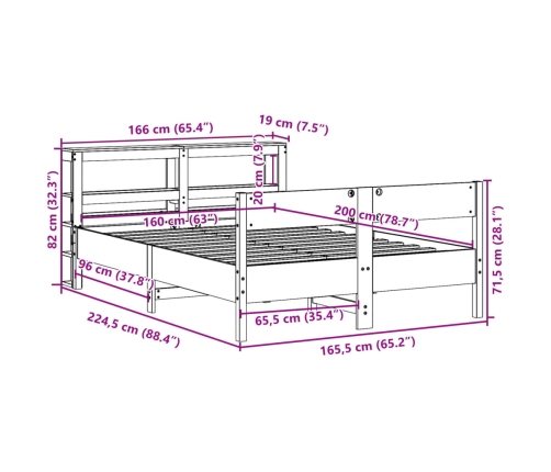 Cama sin colchón madera maciza de pino marrón cera 160x200 cm