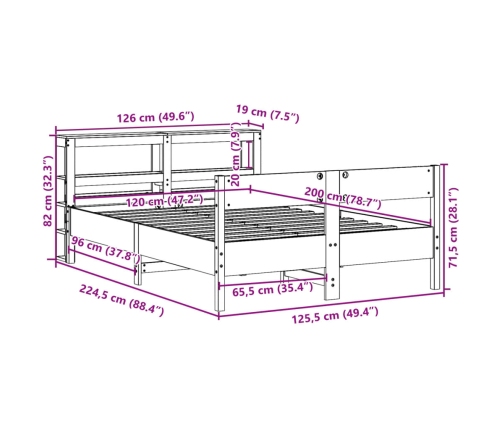 Cama sin colchón madera maciza de pino marrón cera 120x200 cm