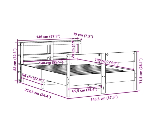 Cama sin colchón madera maciza de pino marrón cera 140x190 cm