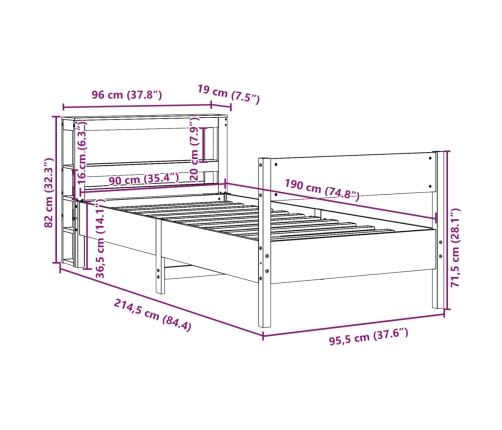 Estructura de cama sin colchón madera maciza de pino 90x190 cm