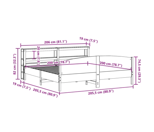 Cama sin colchón madera maciza de pino marrón cera 200x200 cm
