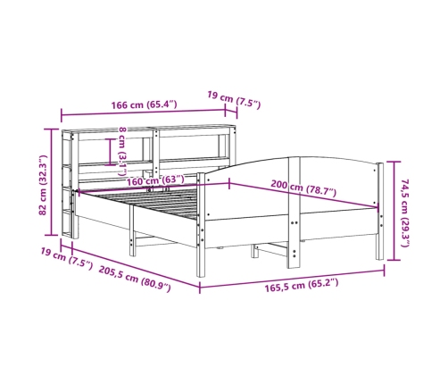 Cama sin colchón madera maciza de pino marrón cera 160x200 cm