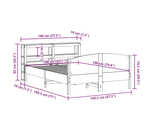 Estructura de cama sin colchón madera maciza de pino 140x190 cm