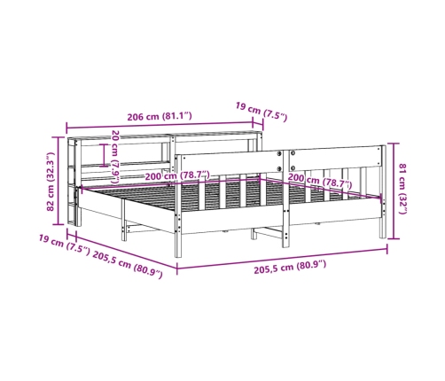 Cama sin colchón madera maciza de pino marrón cera 200x200 cm