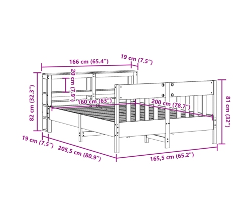 Cama sin colchón madera maciza de pino marrón cera 160x200 cm