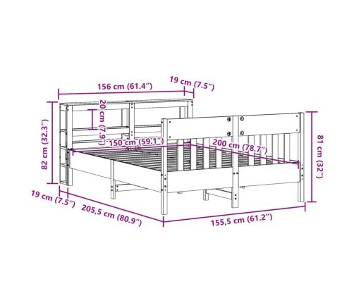 Cama sin colchón madera maciza pino marrón cera 150x200 cm