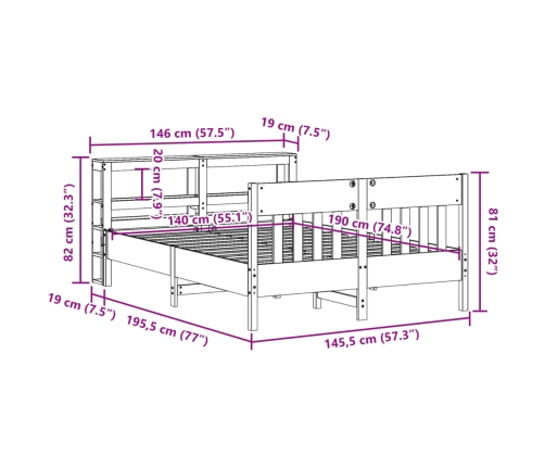 Estructura de cama sin colchón madera maciza de pino 140x190 cm