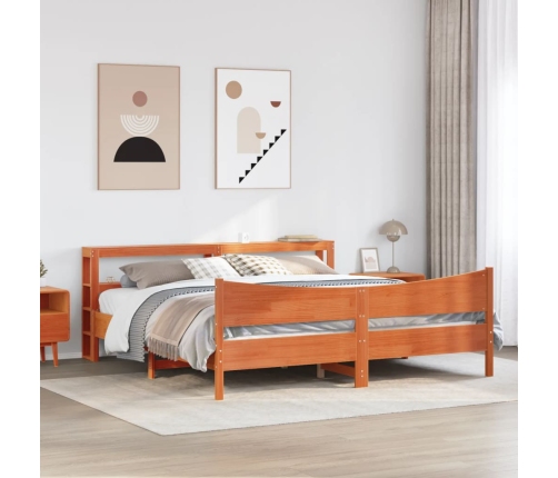 Estructura cama con cabecero madera pino marrón cera 200x200 cm