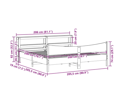 Estructura cama con cabecero madera pino marrón cera 200x200 cm