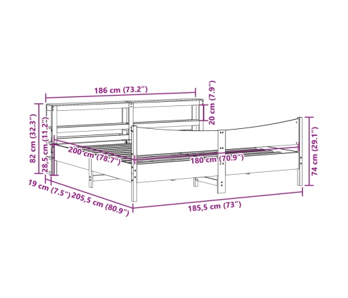 Estructura cama con cabecero madera pino marrón cera 180x200 cm