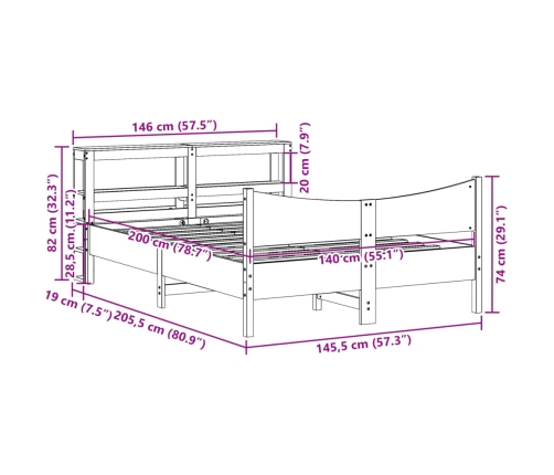 Estructura cama con cabecero madera pino marrón cera 140x200 cm