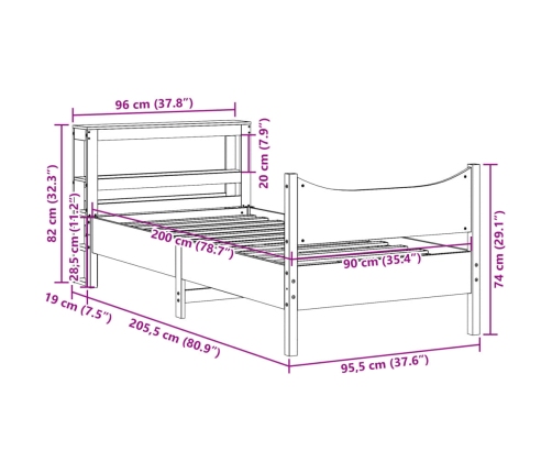 Estructura de cama con cabecero madera maciza de pino 90x200 cm