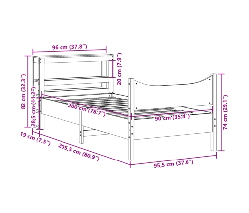 Estructura cama con cabecero madera pino marrón cera 90x200 cm