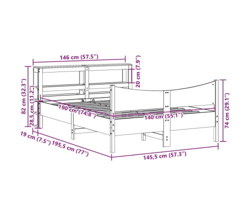 Estructura cama con cabecero madera pino marrón cera 140x190 cm