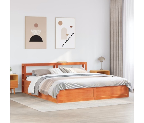 Estructura cama con cabecero madera pino marrón cera 200x200 cm