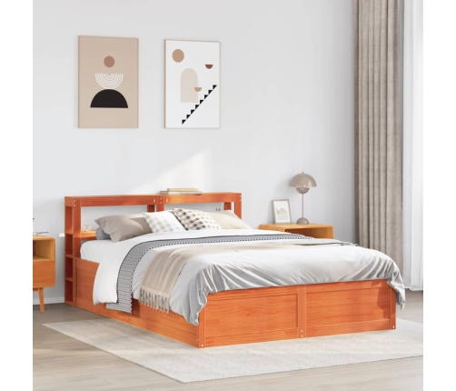 Estructura cama con cabecero madera pino marrón cera 150x200 cm