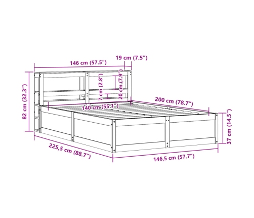 Estructura cama con cabecero madera pino marrón cera 140x200 cm