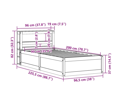 Estructura de cama con cabecero madera maciza de pino 90x200 cm