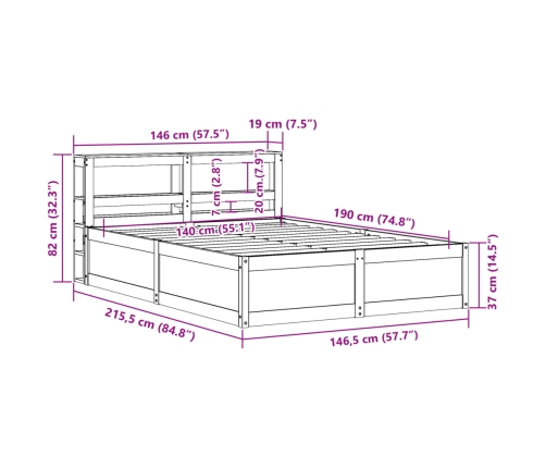 Estructura de cama con cabecero madera maciza pino 140x190 cm