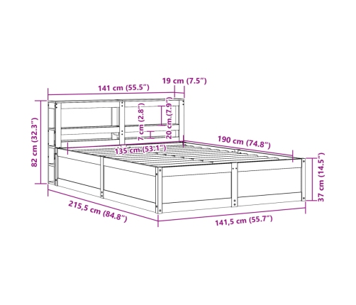 Estructura de cama con cabecero madera maciza pino 135x190 cm