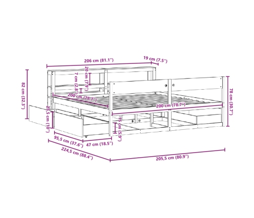 Cama sin colchón madera maciza de pino marrón cera 200x200 cm