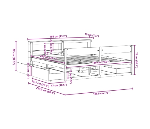 Estructura de cama sin colchón madera maciza de pino 180x200 cm