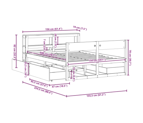 Cama sin colchón madera maciza de pino marrón cera 160x200 cm