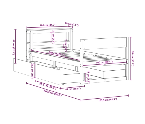 Estructura de cama sin colchón madera maciza de pino 100x200 cm