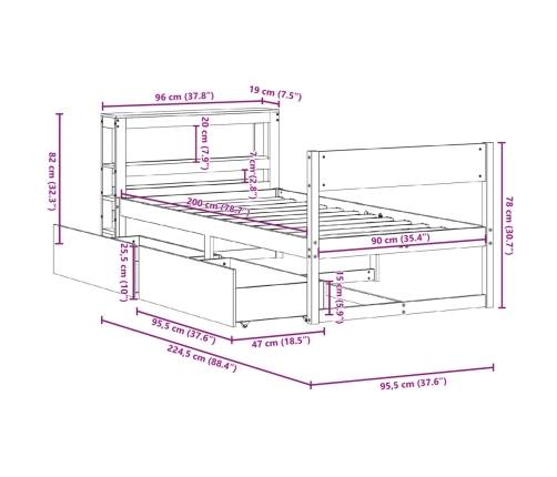 Estructura de cama sin colchón madera maciza de pino 90x200 cm