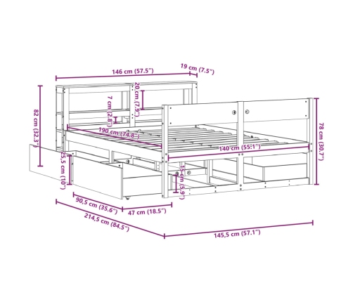 Cama sin colchón madera maciza de pino marrón cera 140x190 cm