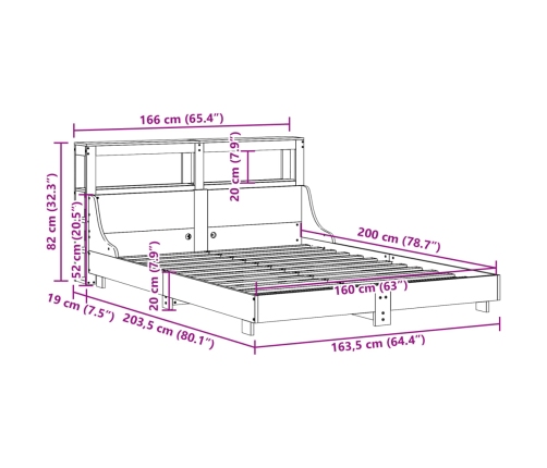 Estructura de cama sin colchón madera maciza de pino 160x200 cm